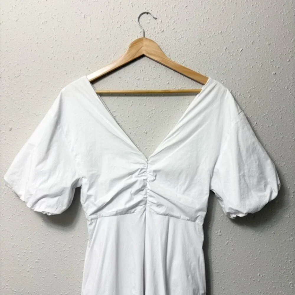 STAUD Finely Twisted Front Midi Dress Classic White V-Neck Puff Sleeve, Size 8 - Picture 9 of 14